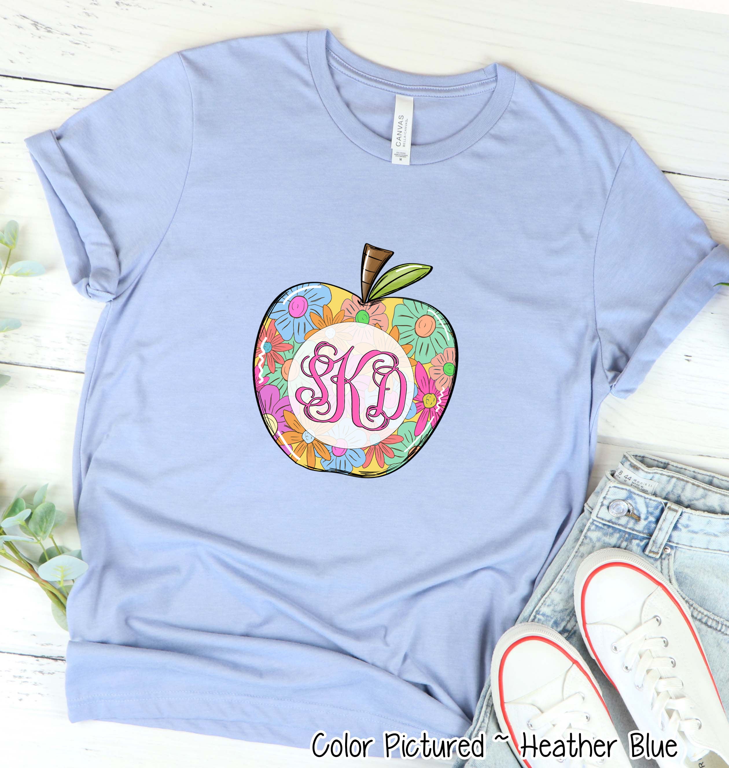 Monogram Floral Apple Back To School Tee