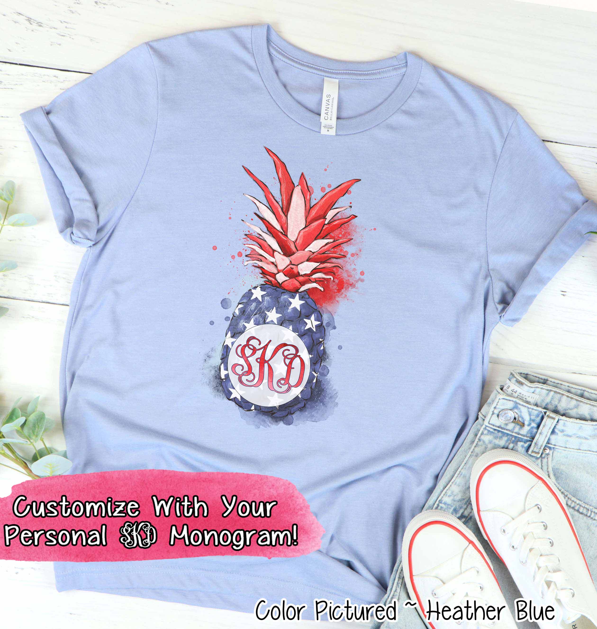 Patriotic Watercolor Pinapple Monogram Tee