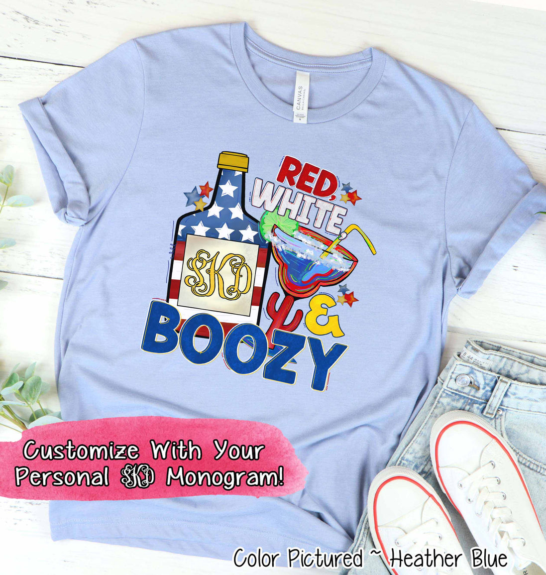 Red White and Boozy Monogram Funny Tee