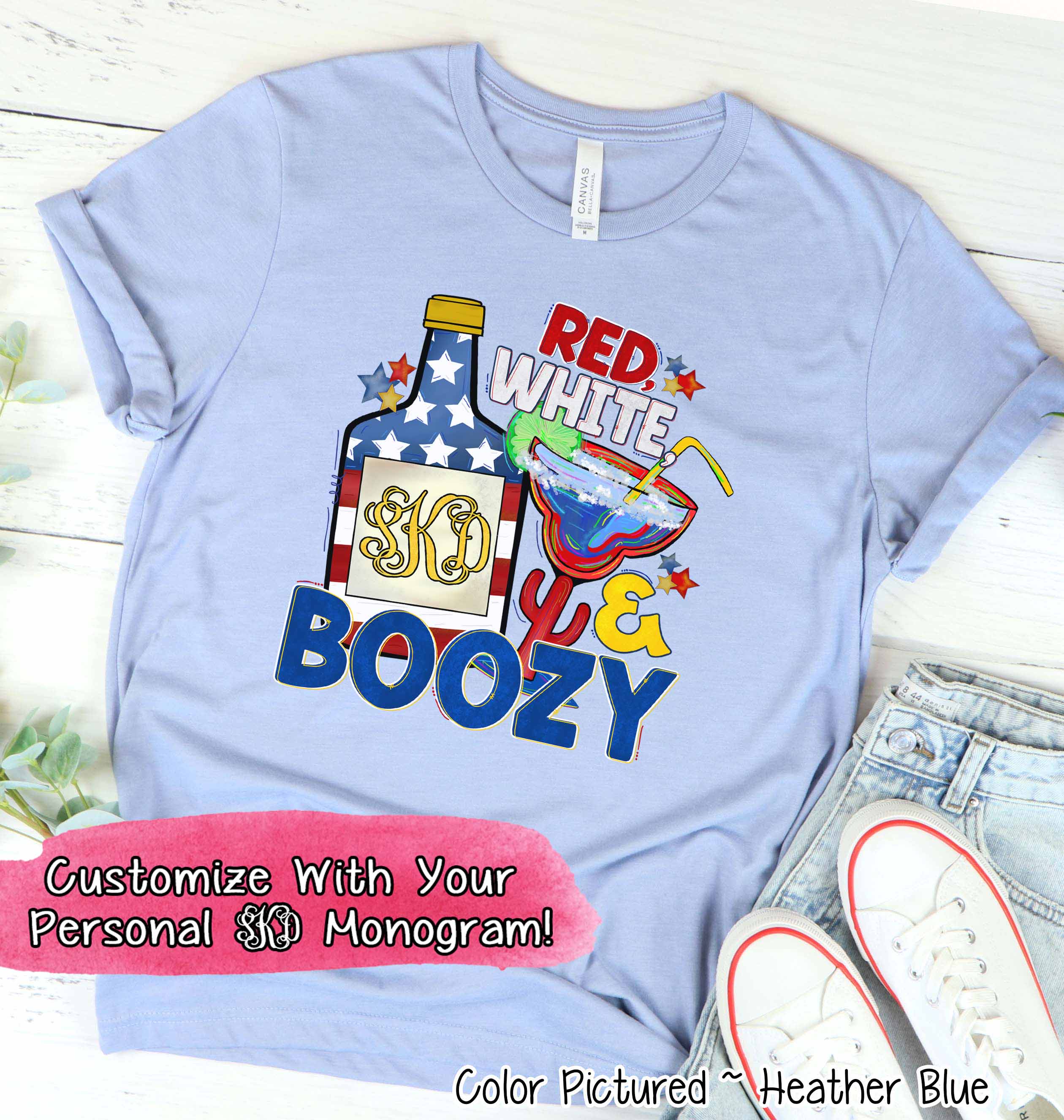 Red White and Boozy Monogram Funny Tee