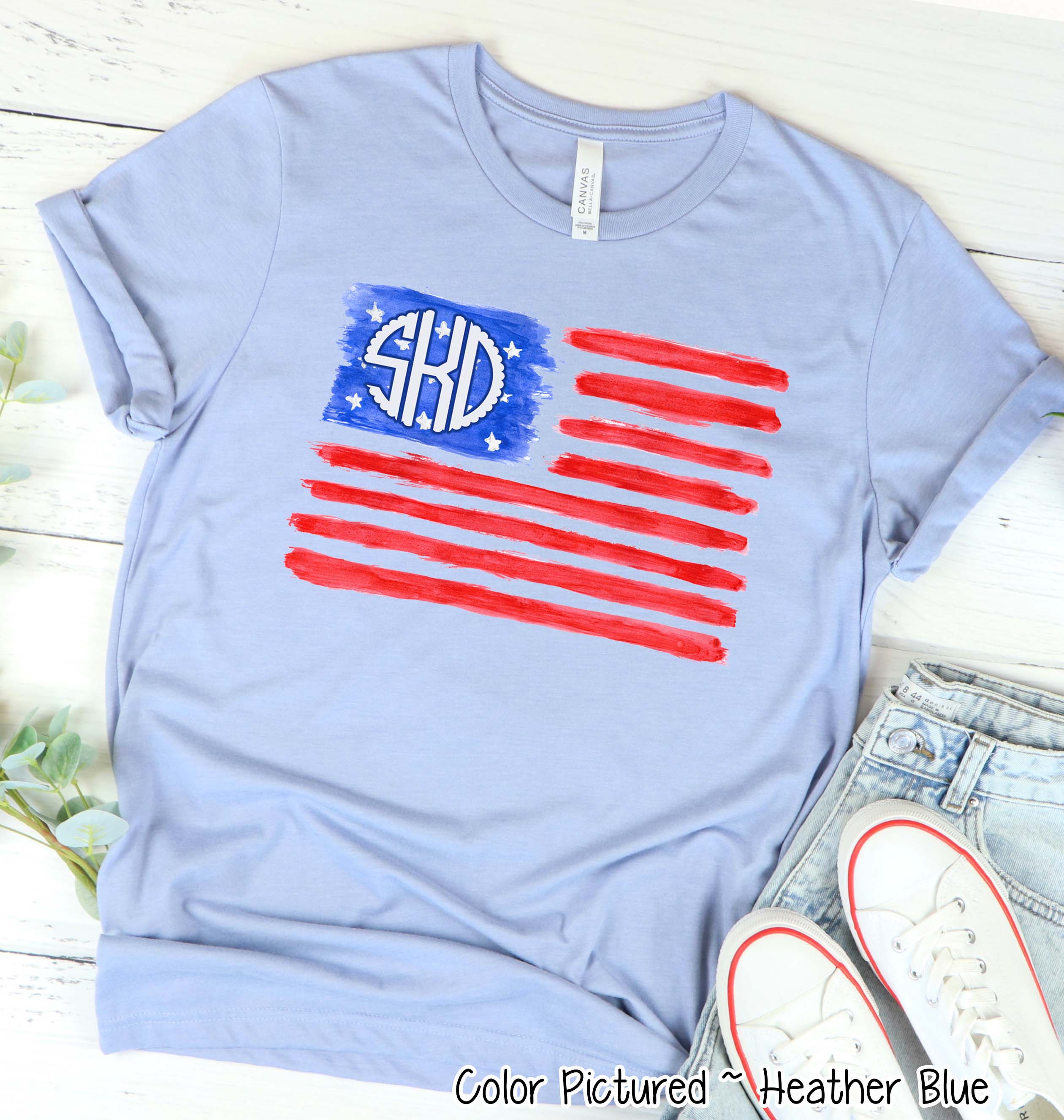 Watercolor American Flag with Monogram Tee