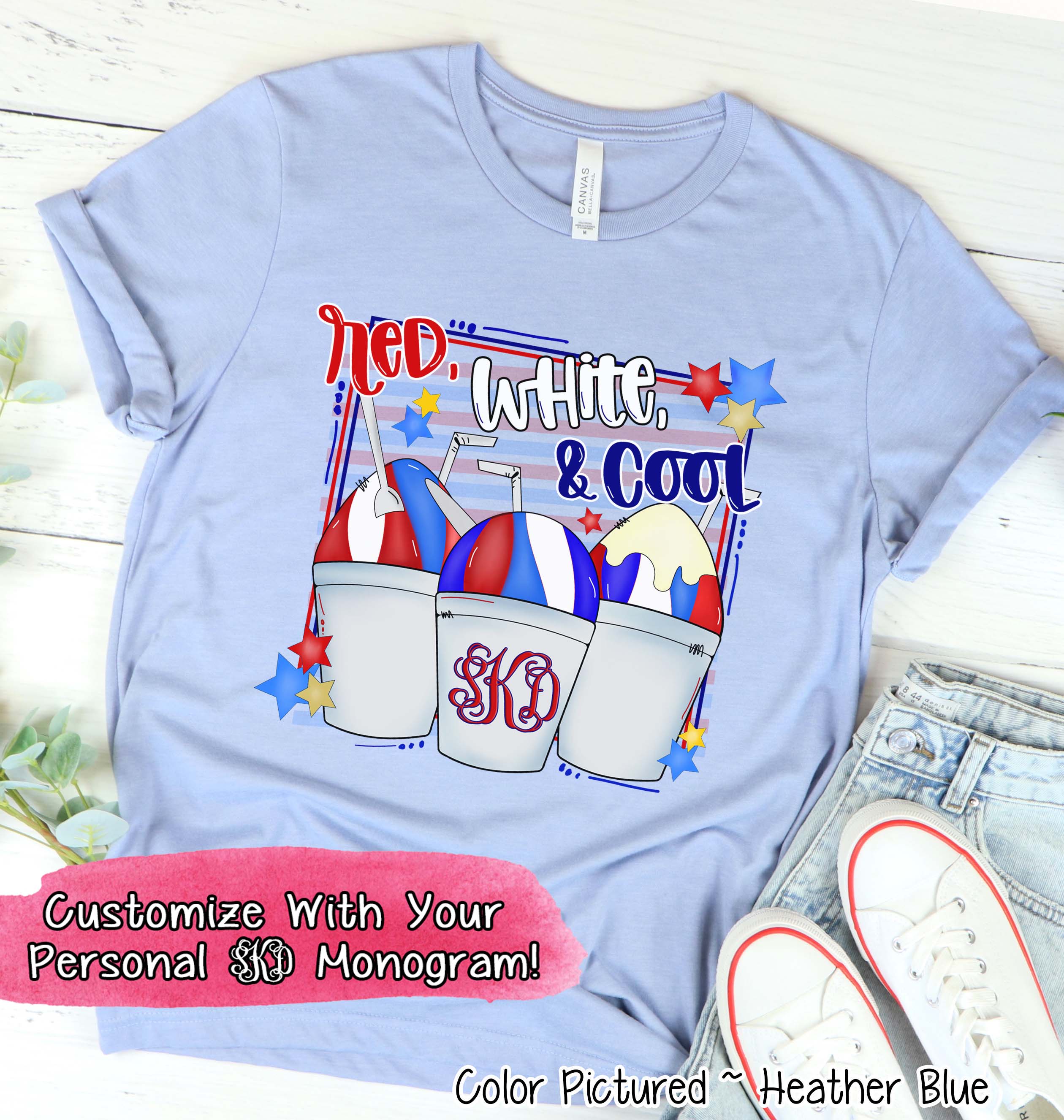 Patriotic Red White and Cool Snowcones Monogram Tee