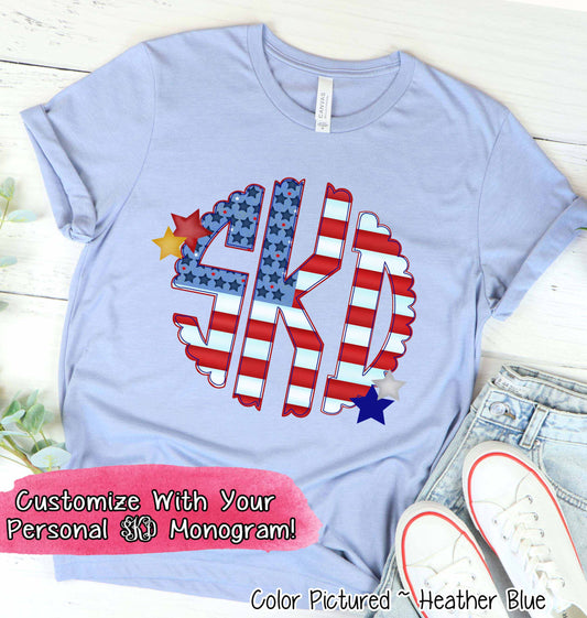 Big Monogram Scallop Patriotic  American Flag Tee