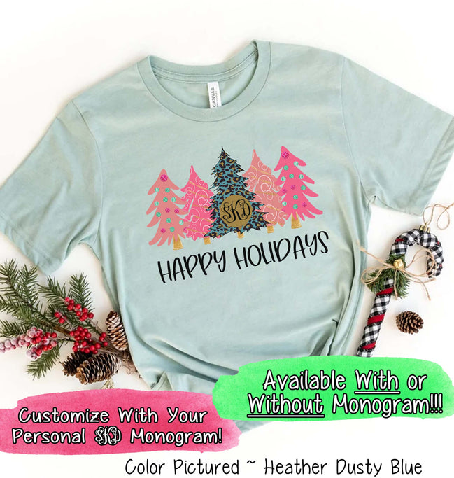 Monogrammed Blue Leopard and Pink Christmas Trees Tee