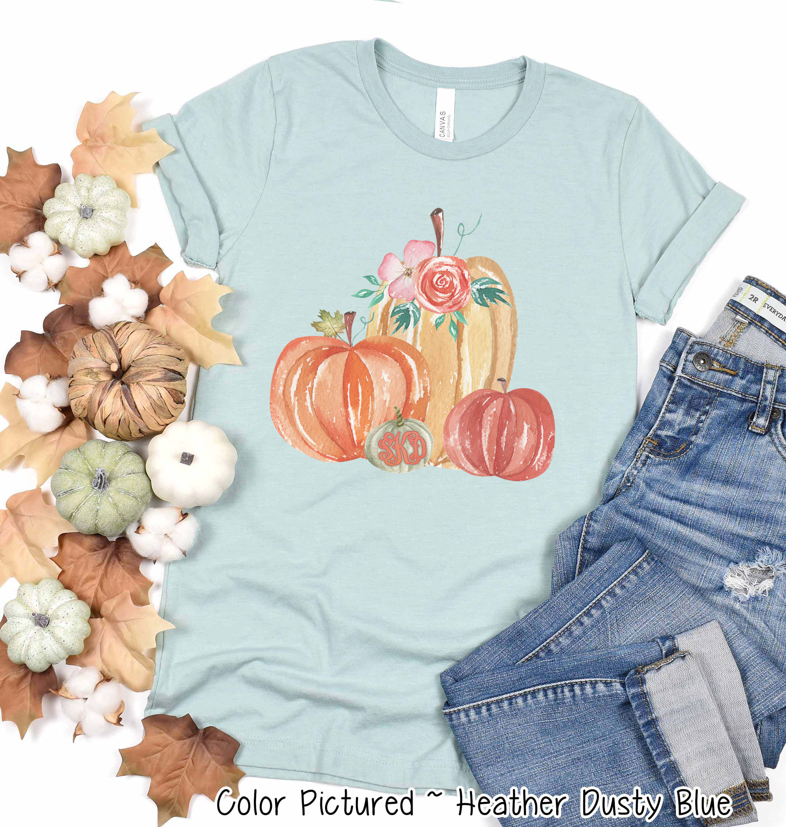 Monogram Watercolor Pumpkin Fall Tee