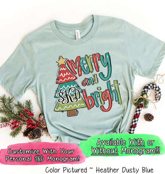 Monogrammed Merry & Bright Christmas Tree Tee