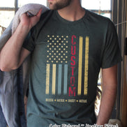 Custom Faded Patriotic Flag ~ Dad-Grandpa-Brother-Etc. Distressed Cream, Blue, Khaki Flag Tee