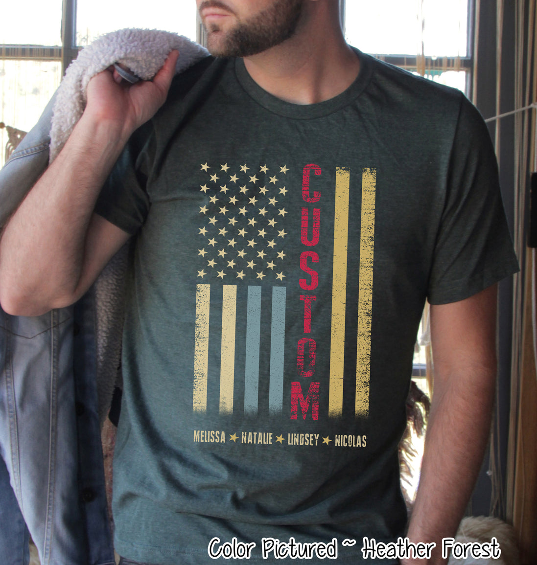Custom Faded Patriotic Flag ~ Dad-Grandpa-Brother-Etc. Distressed Cream, Blue, Khaki Flag Tee