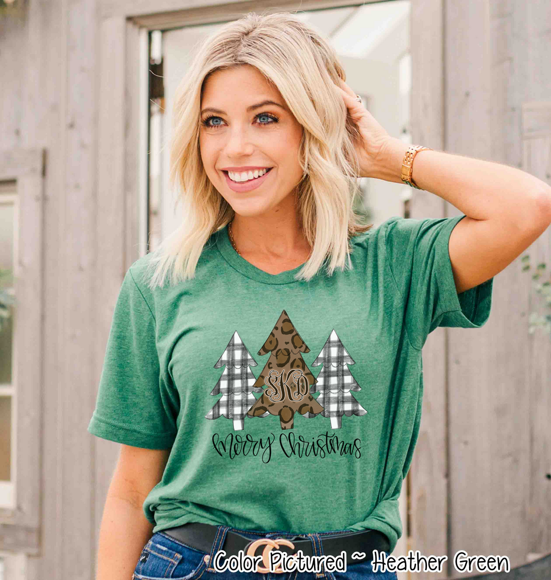 Monogrammed Black Buffalo Plaid and Leopard Christmas Trees Tee
