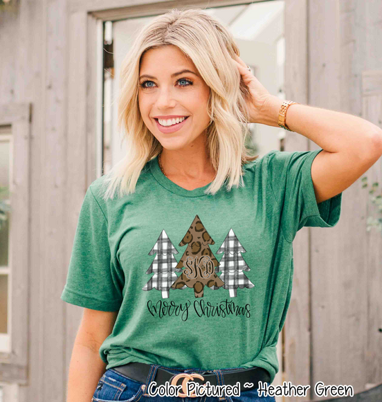 Monogrammed Black Buffalo Plaid and Leopard Christmas Trees Tee