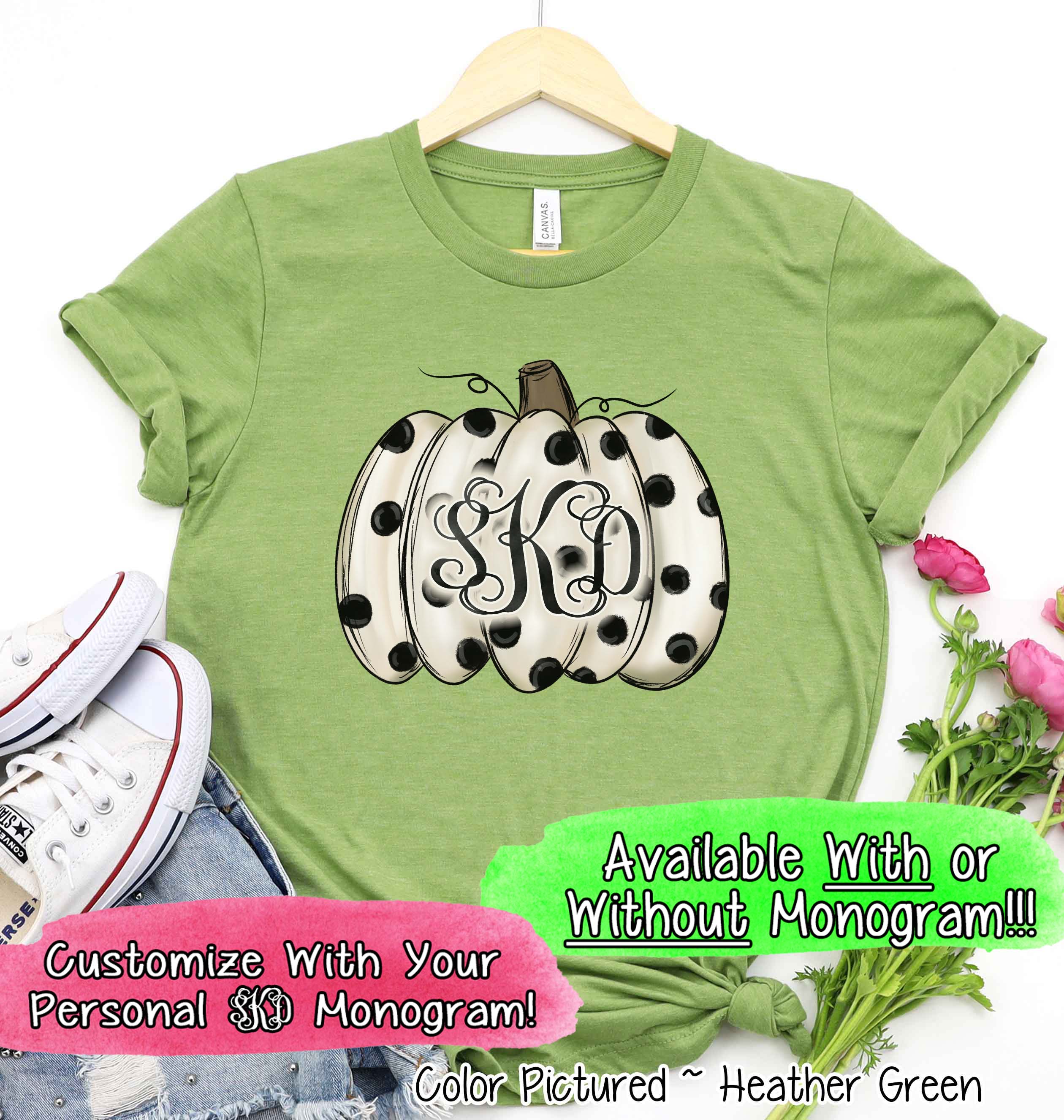 Fall Monogram White Pumpkin with Black Polka Dots Tee