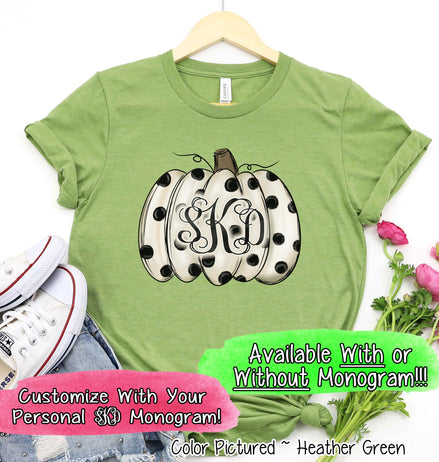 Fall Monogram White Pumpkin with Black Polka Dots Tee
