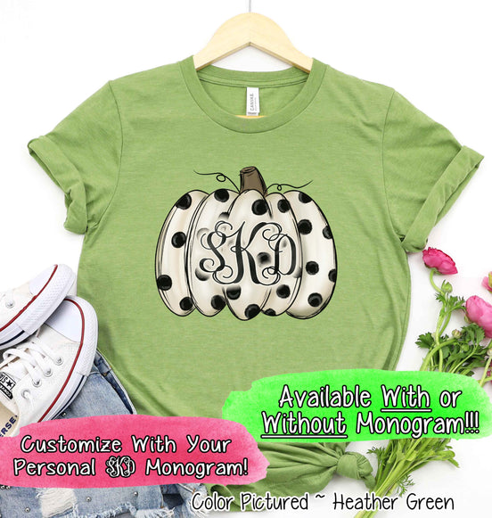 Fall Monogram White Pumpkin with Black Polka Dots Tee
