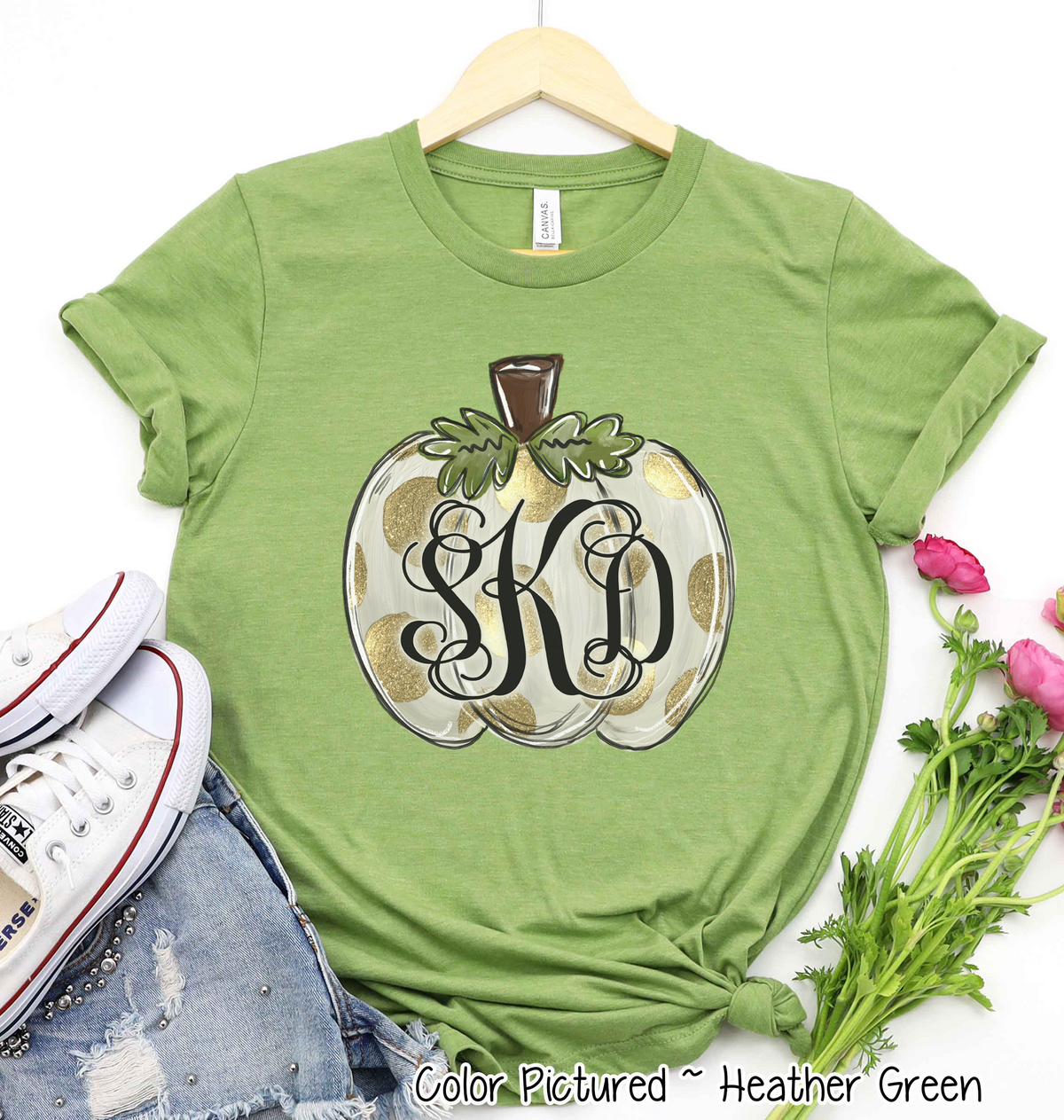 Fall Monogram White Pumpkin with Gold Dots Tee