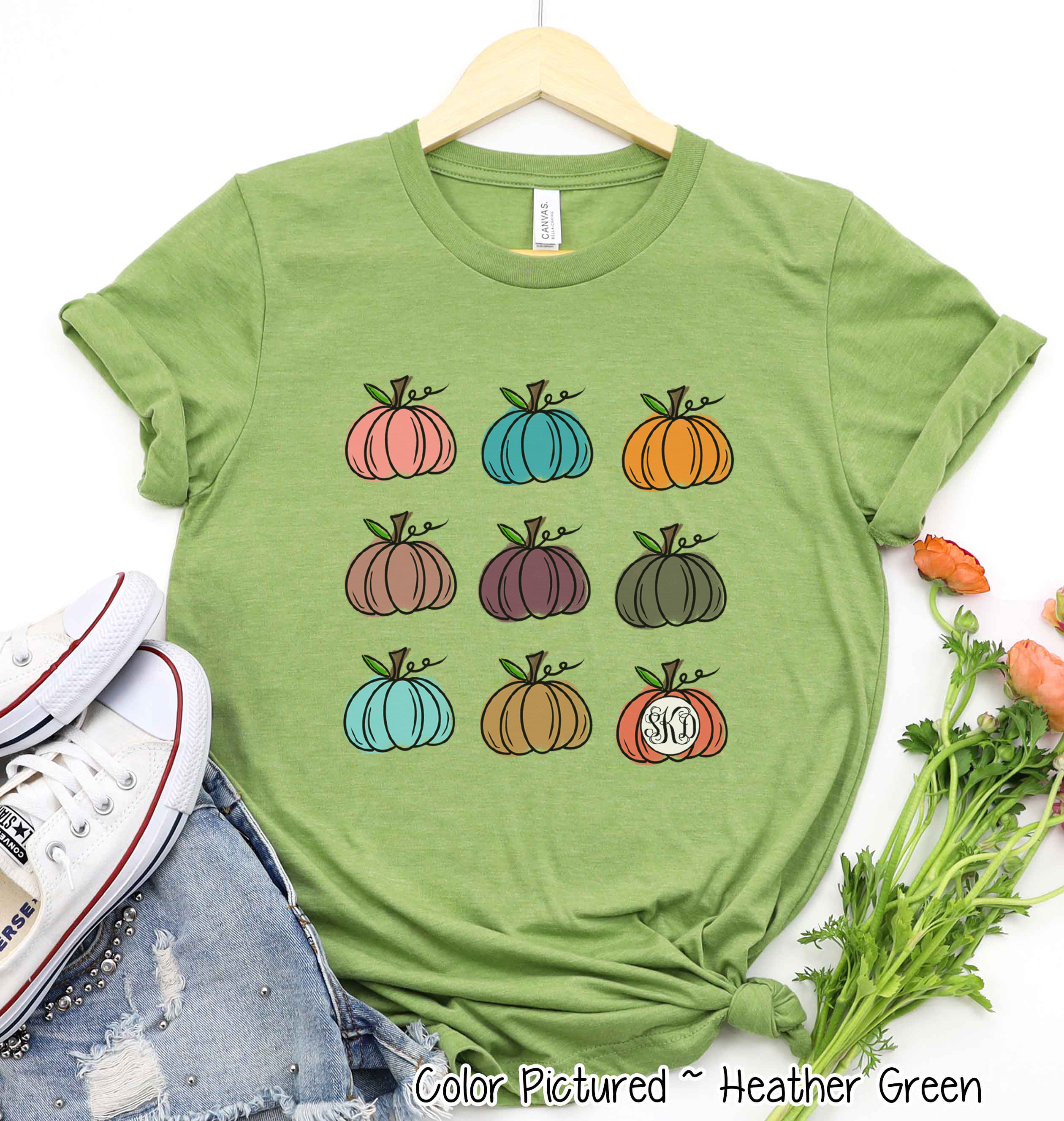 Monogram Watercolor Pumpkins Fall Tee