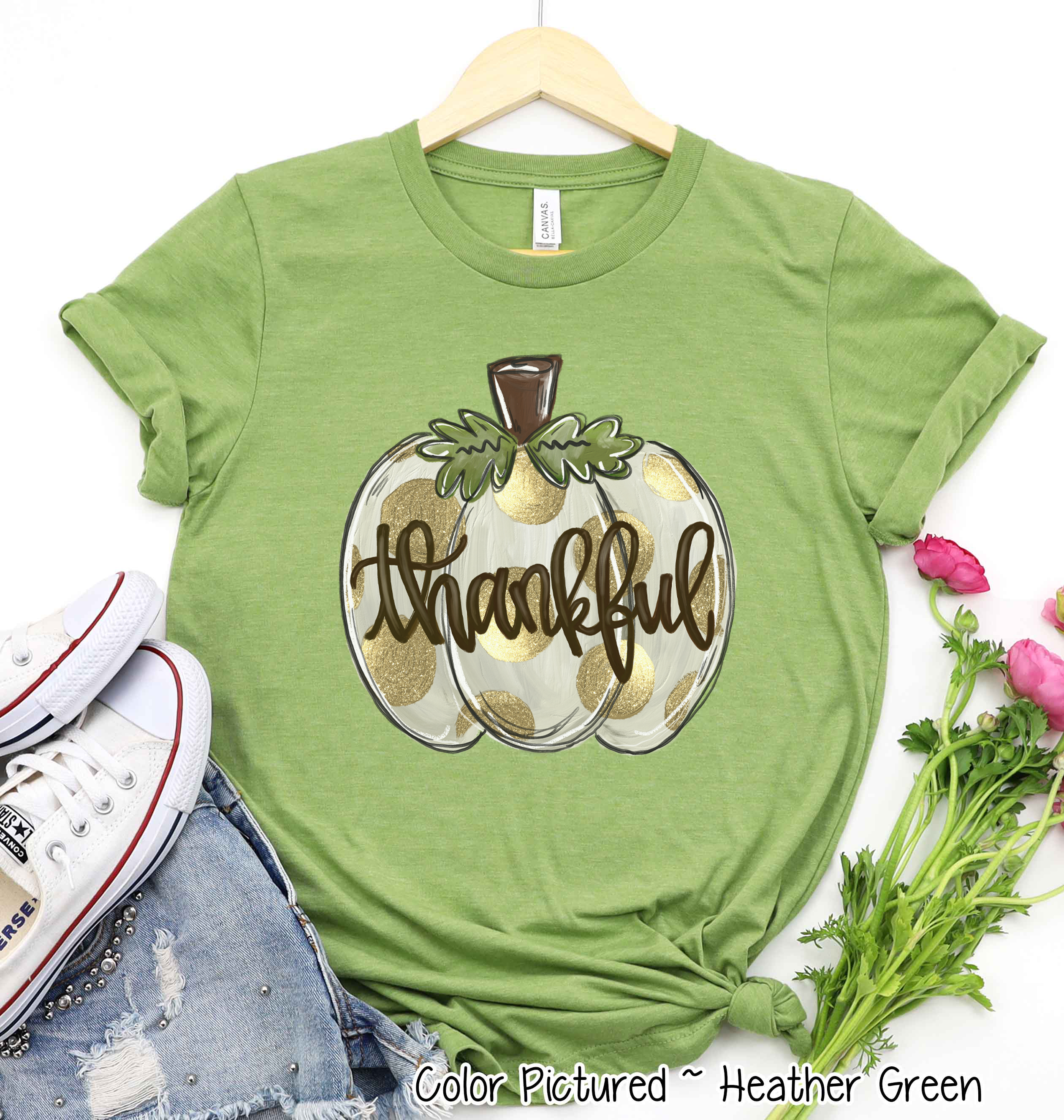 Fall Thankful White Pumkin with Gold Dots Tee