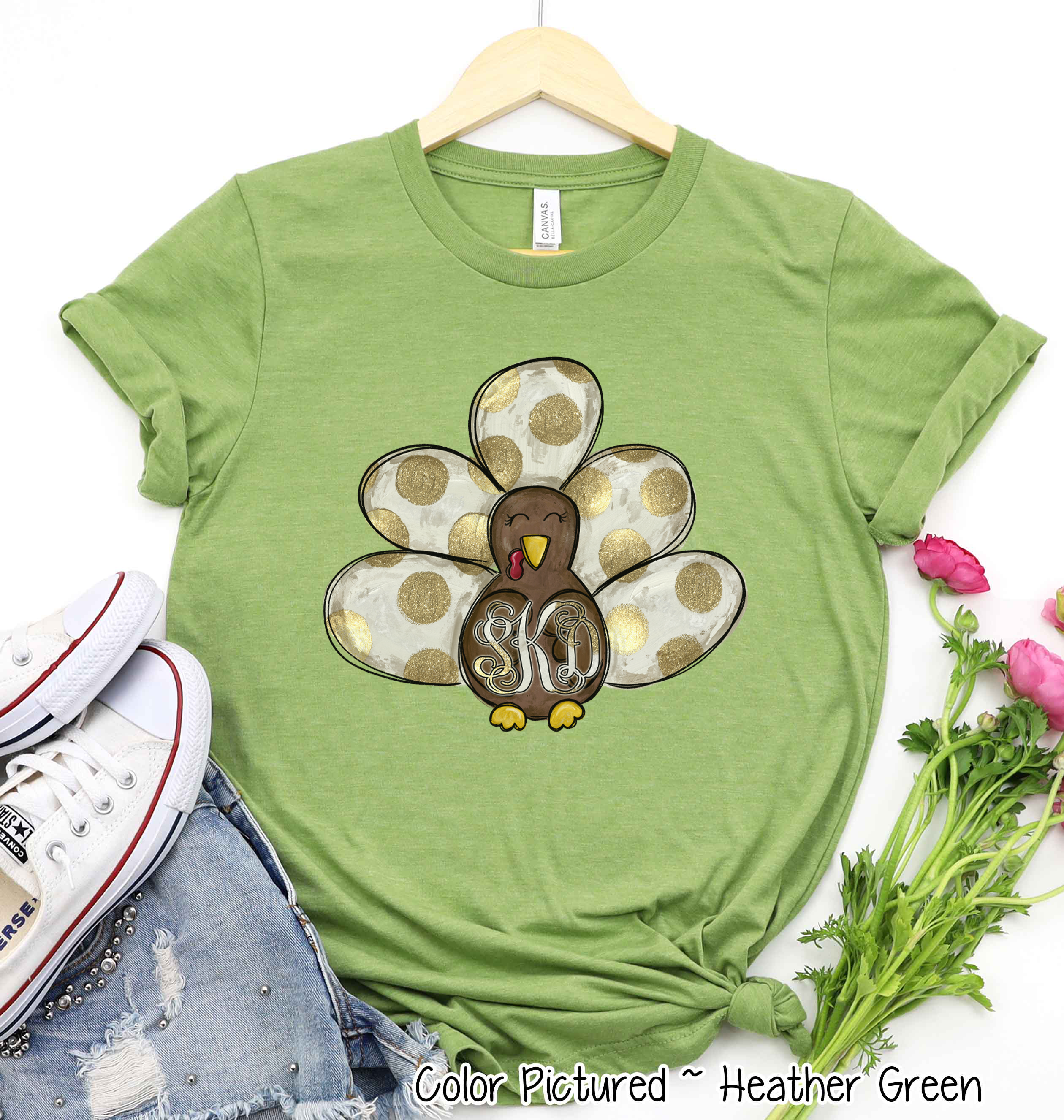 Fall Monogram Turkey with White & Gold Dots Tail Tee