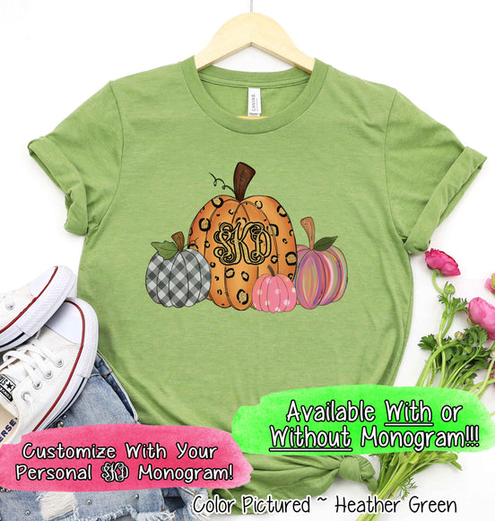 Glitter Leopard, Plaid, Watercolor, and Pink Pumpkin Monogram Set Tee