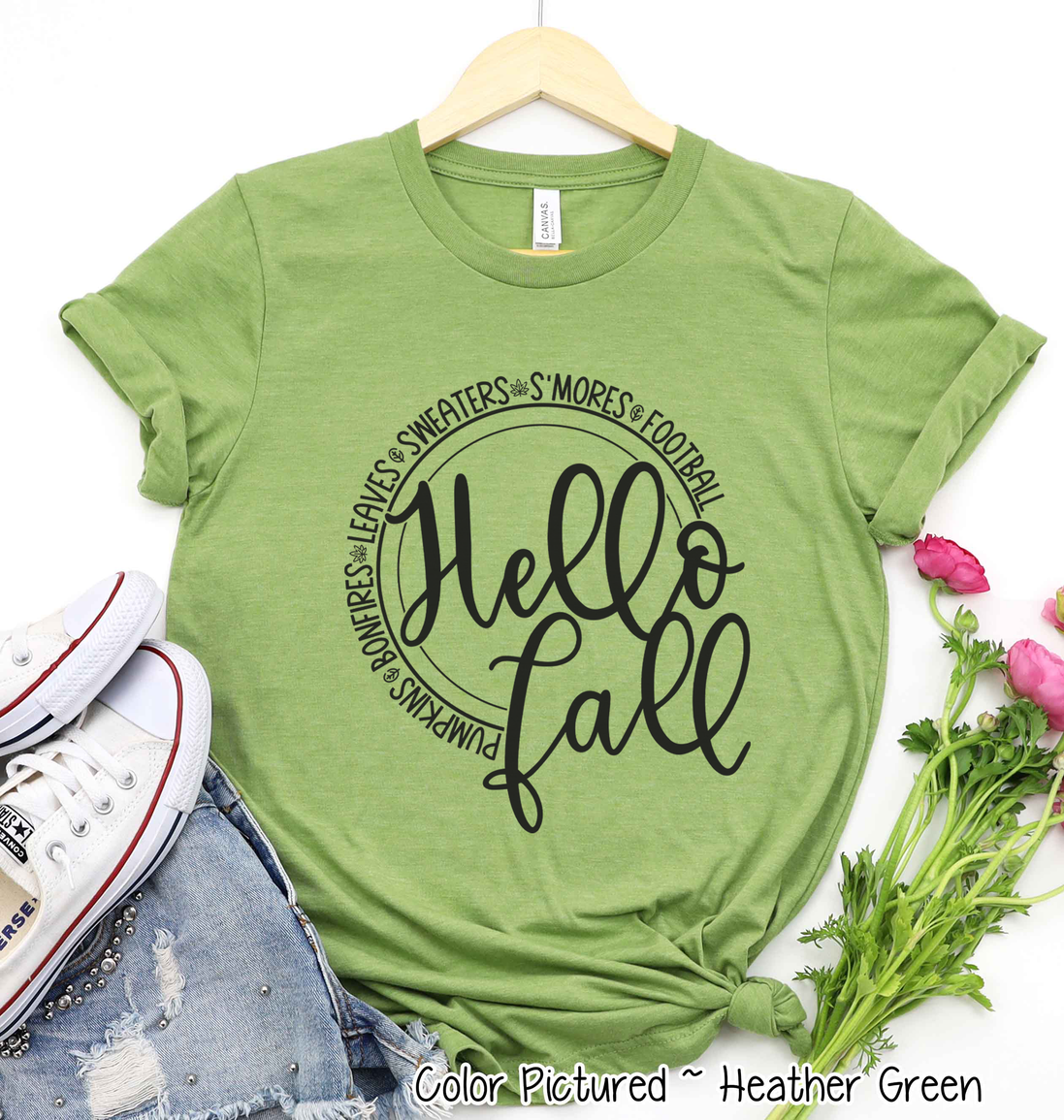 Hello Fall Pumpkins Bonfires Leaves Sweaters S'mores Football Tee