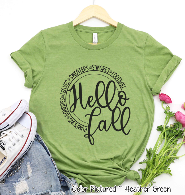 Hello Fall Pumpkins Bonfires Leaves Sweaters S'mores Football Tee