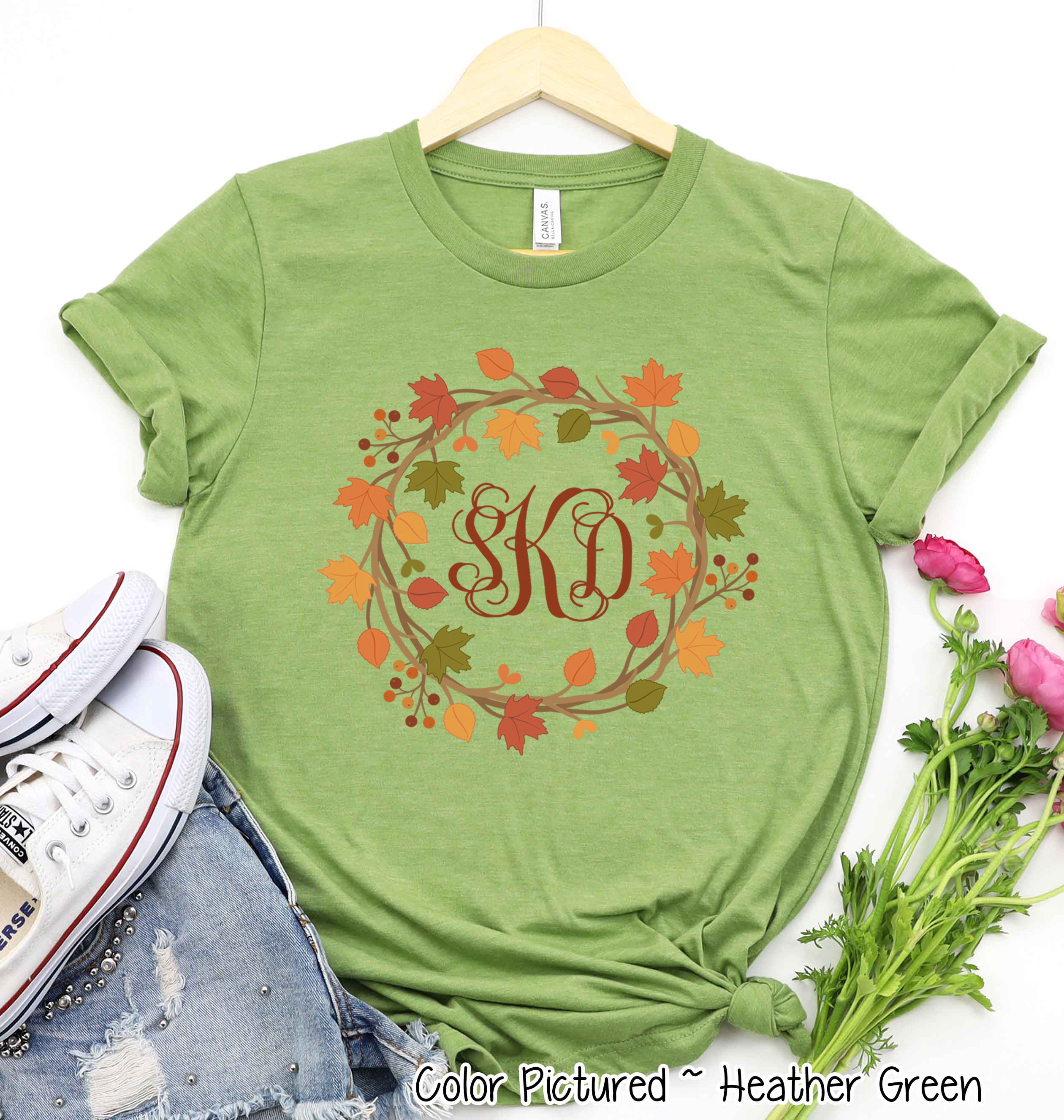 Fall Leaves Monogram Wreath Tee