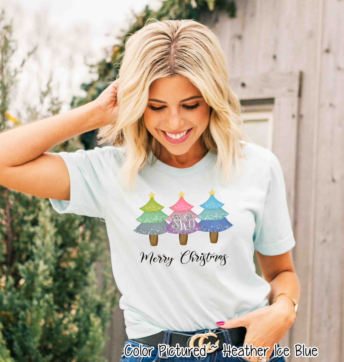 Monogrammed Merry Christmas Trees Trio Tee