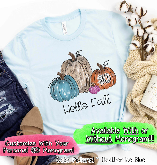 Hello Fall Watercolor Leopard Pumpkins Monogram Tee