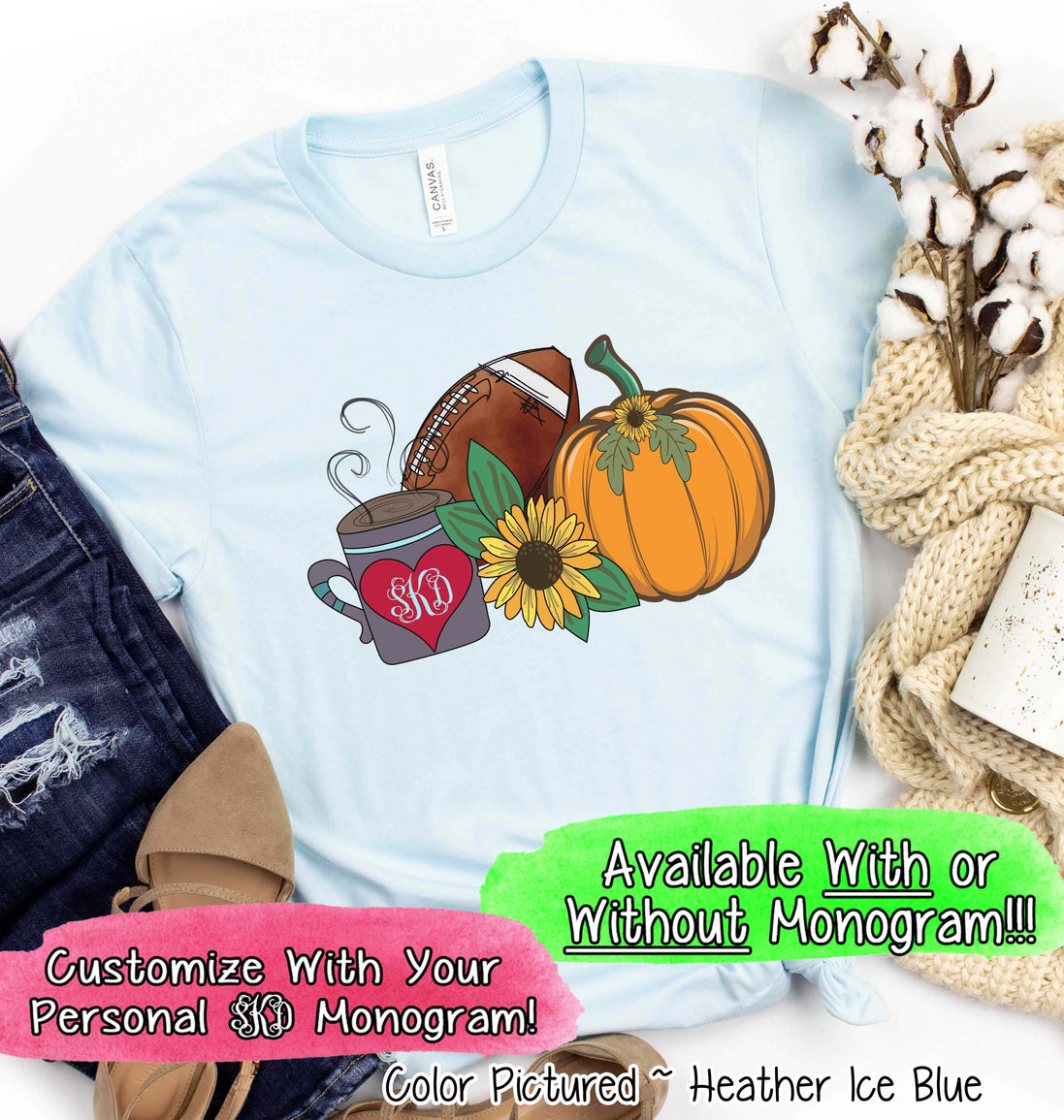Latte Football and Pumpkin Monogram Fall Tee