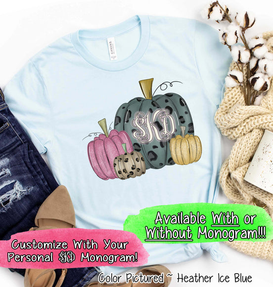 Blue Leopard, Pink, Leopard, and Gold Pumpkin Set Monogram Tee