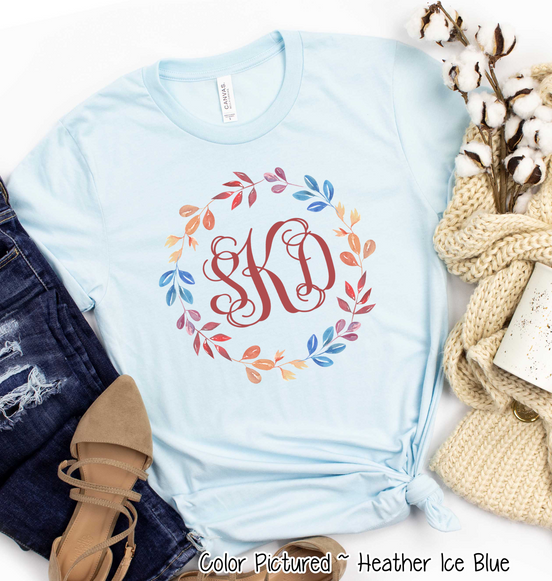 Monogram Watercolor Fall Leaf Wreath Tee