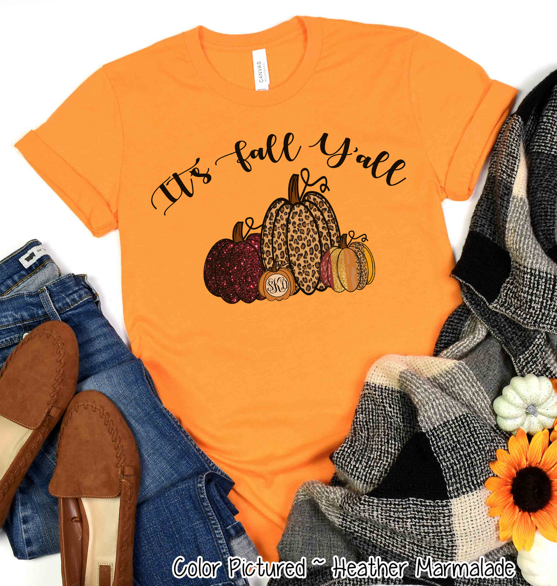It's Fall Yall Monogram Glitter Pumpkin Fall Tee