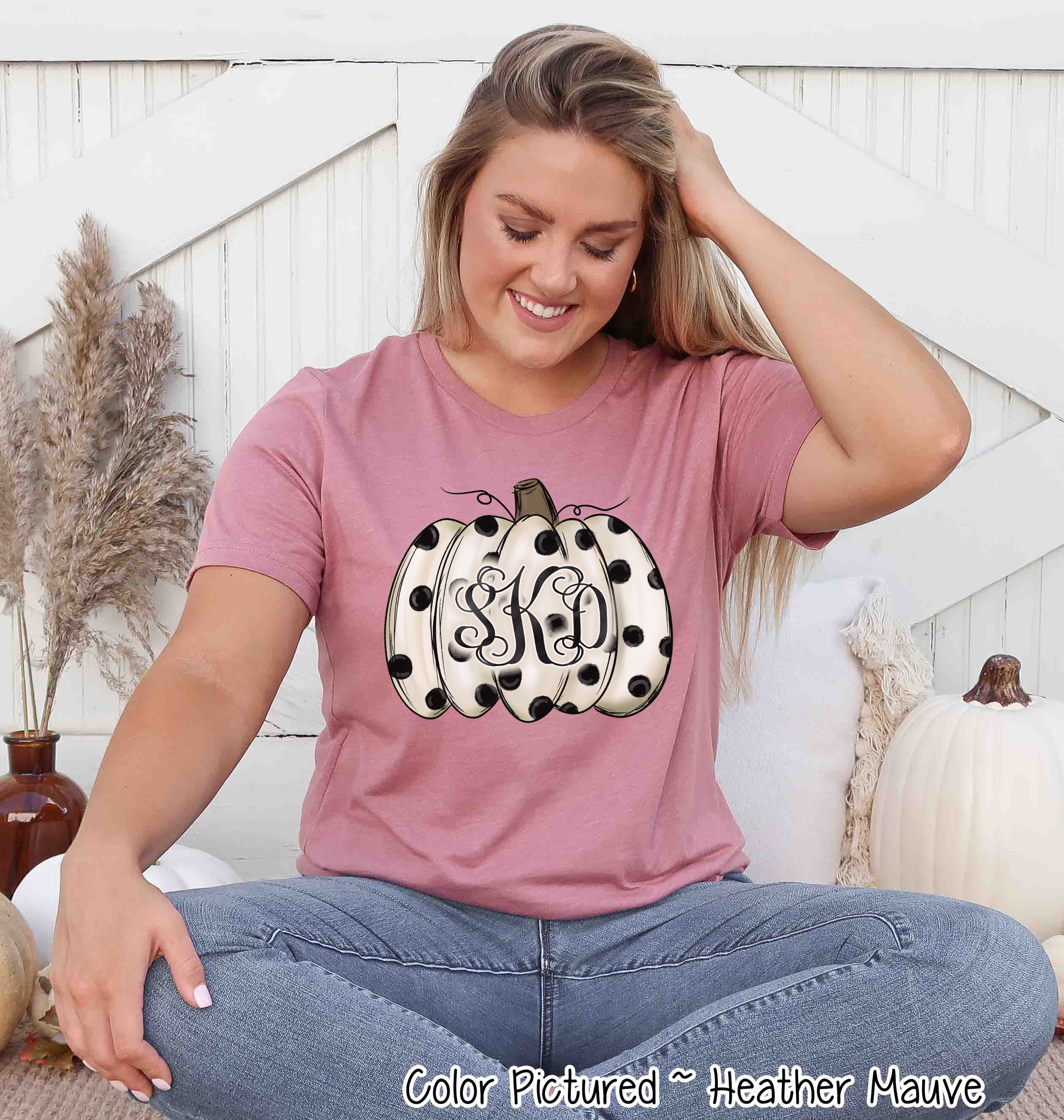 Fall Monogram White Pumpkin with Black Polka Dots Tee