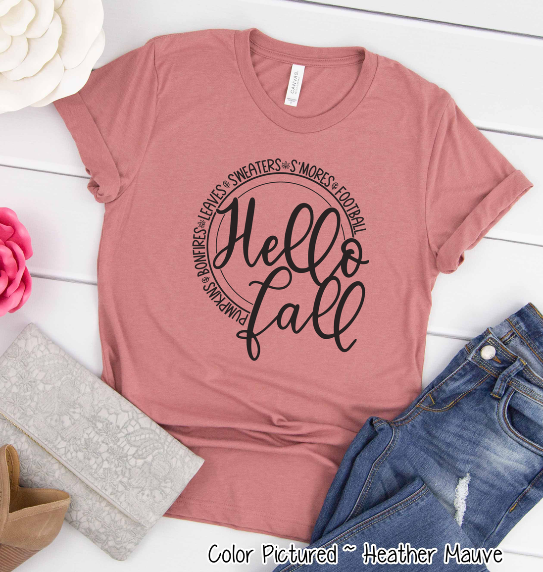 Hello Fall Pumpkins Bonfires Leaves Sweaters S'mores Football Tee