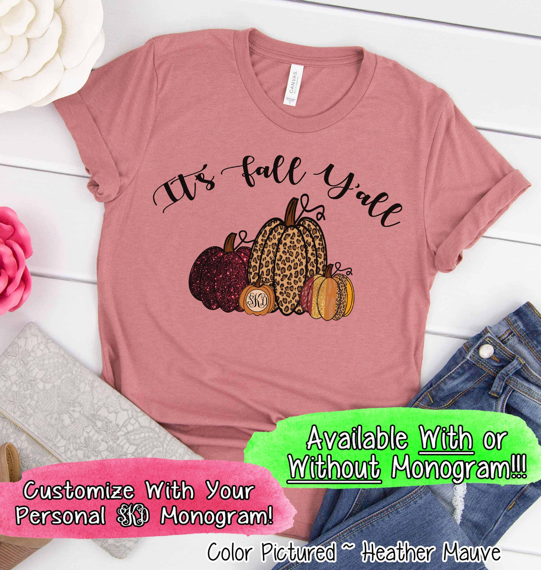 It's Fall Yall Monogram Glitter Pumpkin Fall Tee