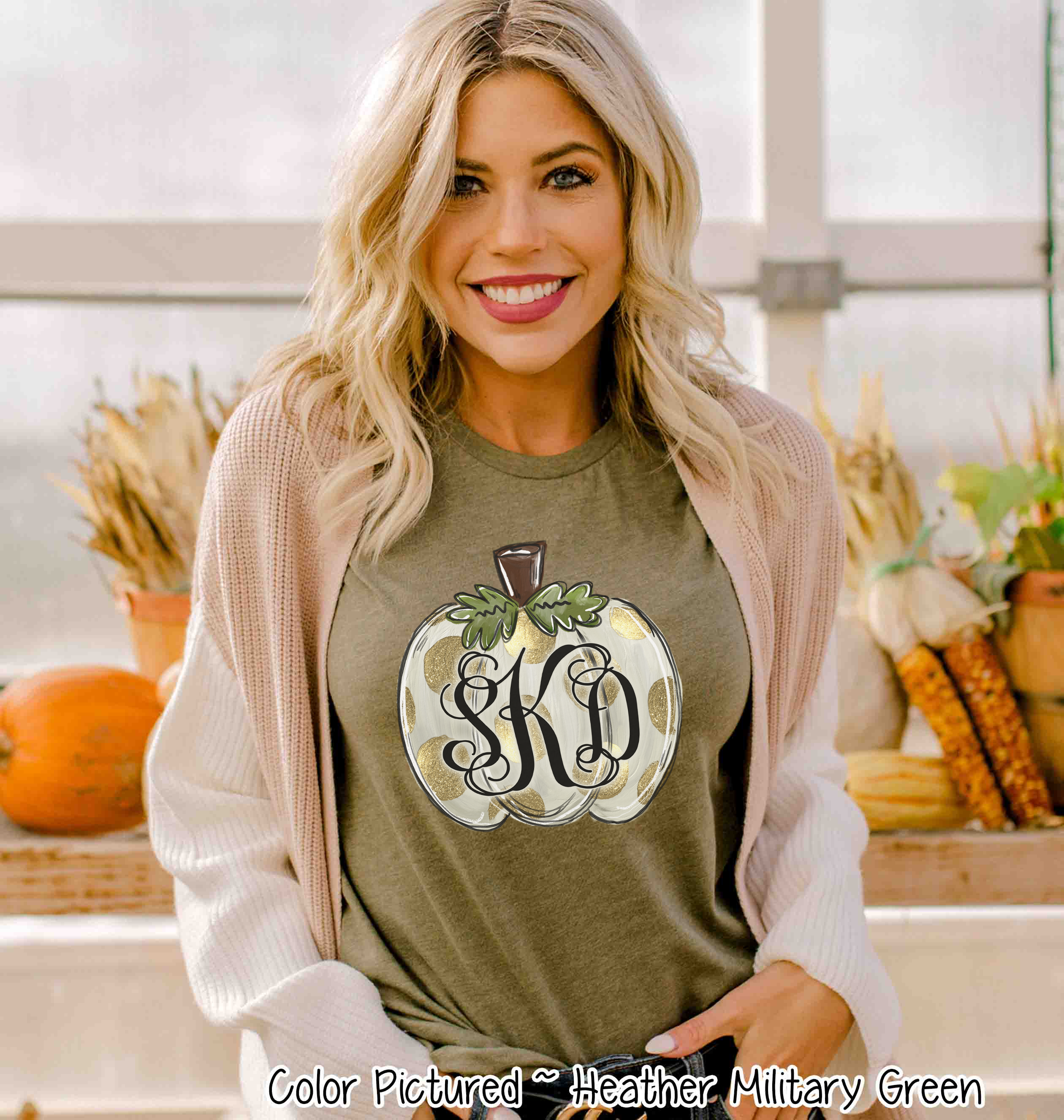 Fall Monogram White Pumpkin with Gold Dots Tee