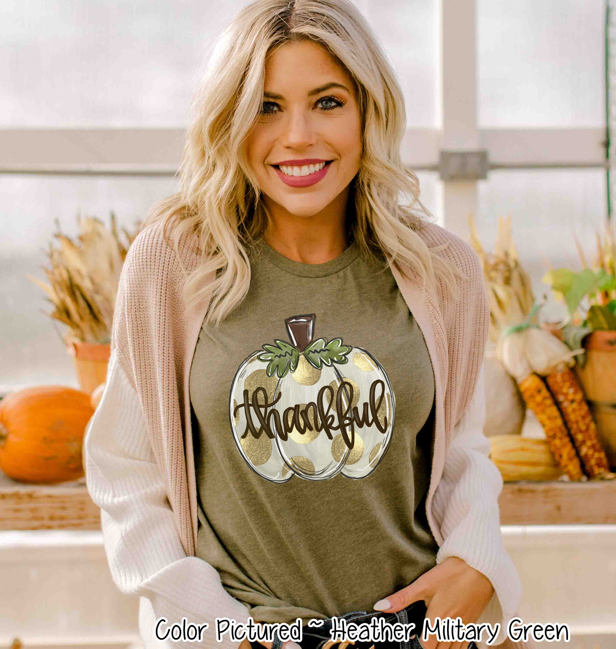 Fall Thankful White Pumkin with Gold Dots Tee
