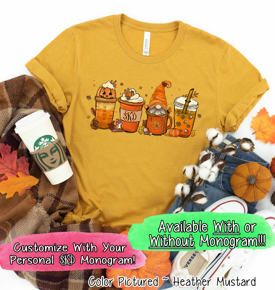 Monogram Gnome Pumpkin Spice Latte Coffee Fall Tee