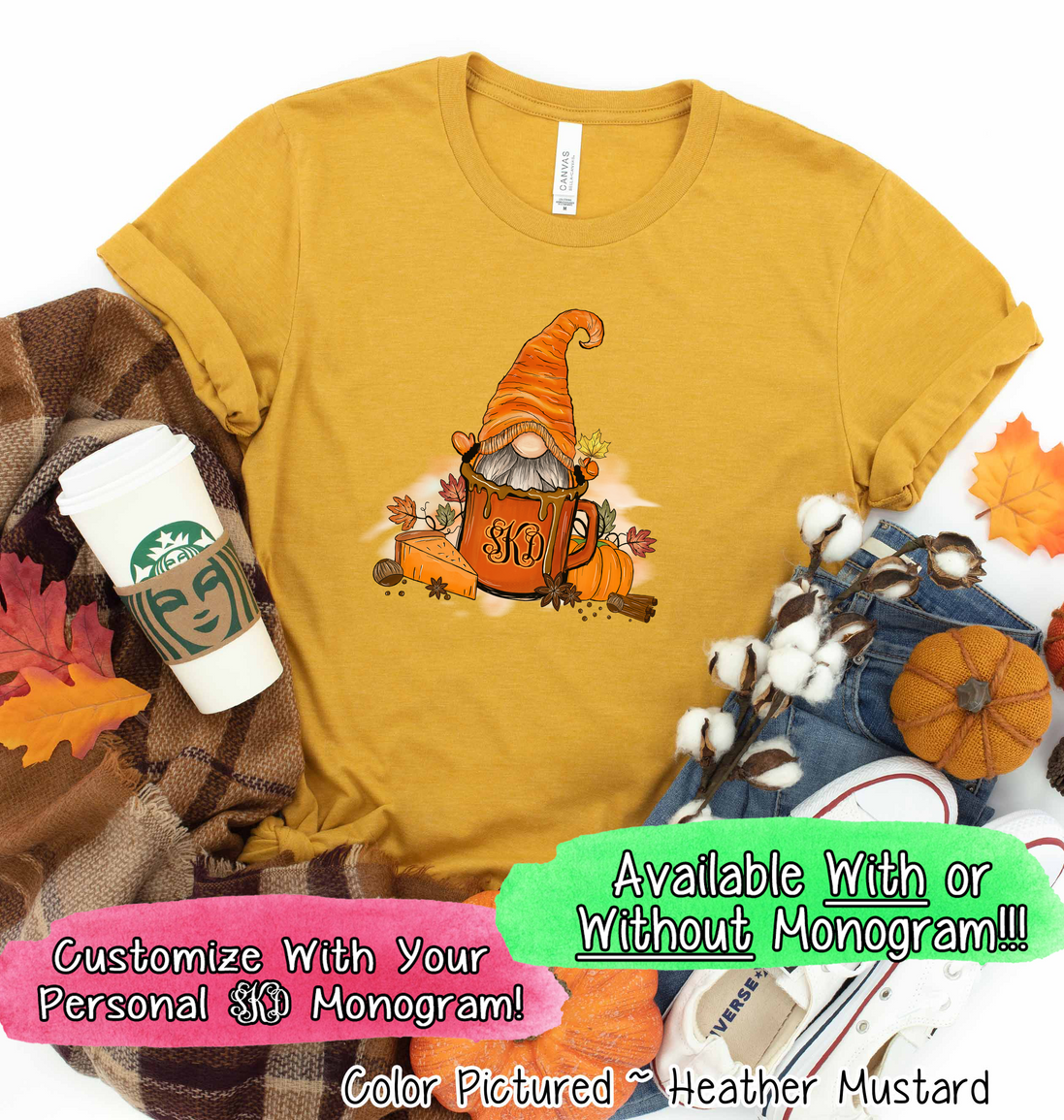 Monogram Gnome Pumpkin Spice Coffee Fall Tee