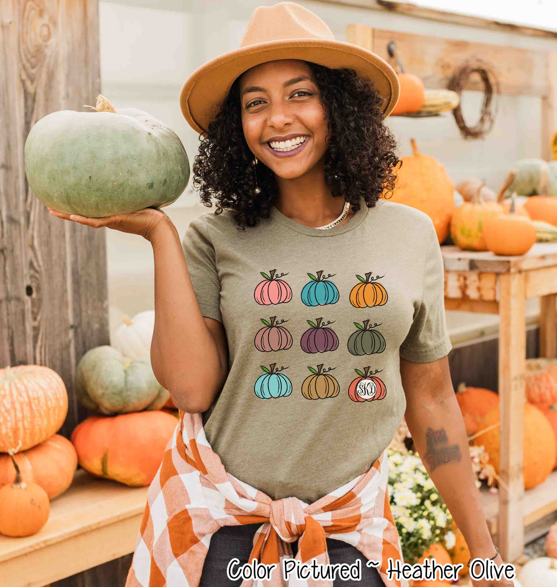 Monogram Watercolor Pumpkins Fall Tee