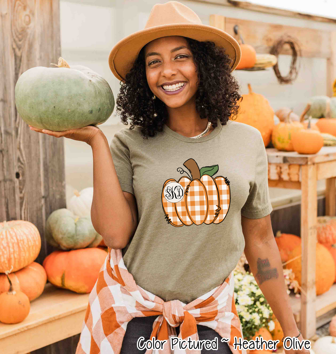 Orange Plaid Country Pumpkin Monogram Tee