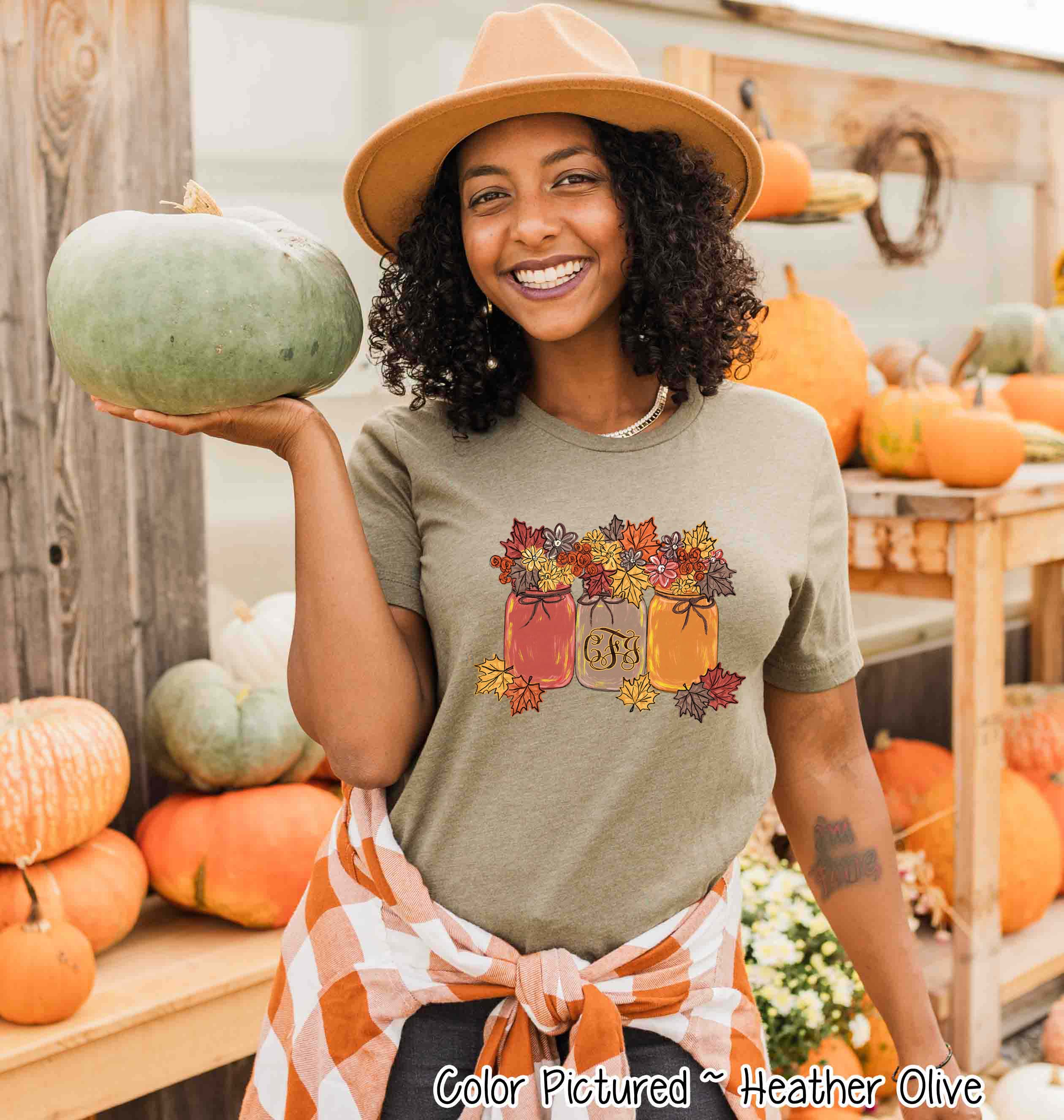 Monogram Autumn Leaves Mason Jars Fall Tee