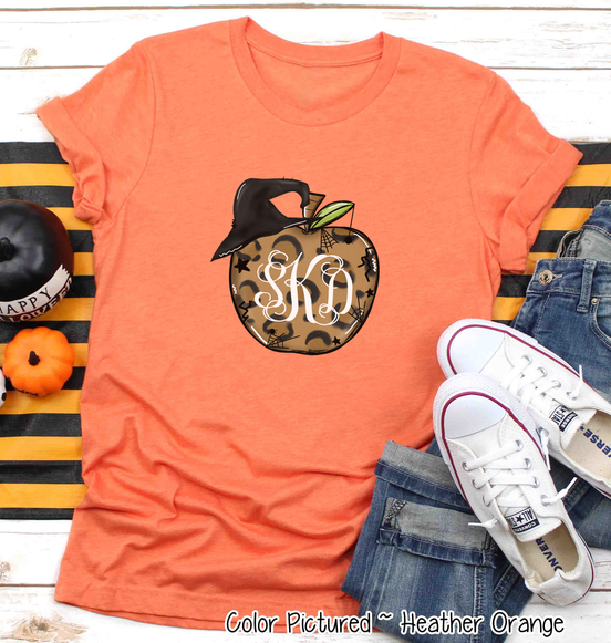 Monogramed Leopard Apple Halloween Teacher Tee