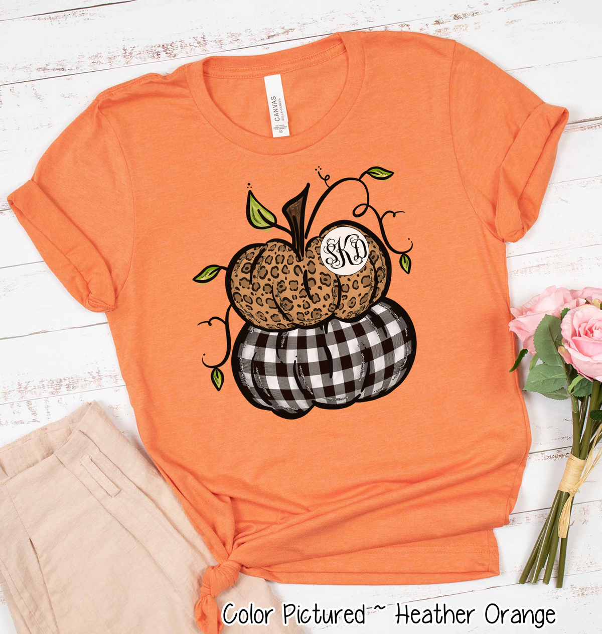 Leopard & Black Plaid Stacked Monogram Pumpkins Tee