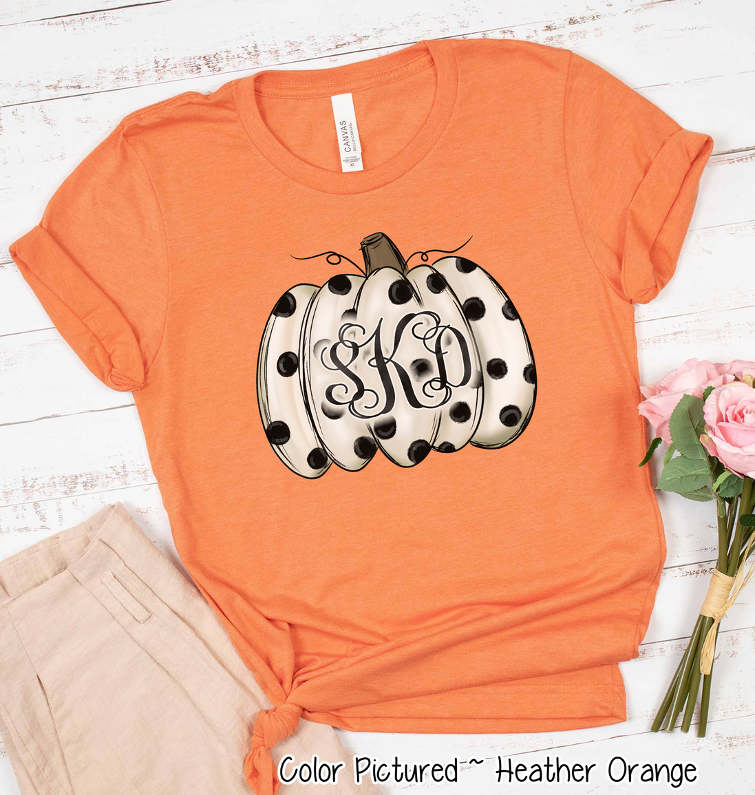 Fall Monogram White Pumpkin with Black Polka Dots Tee