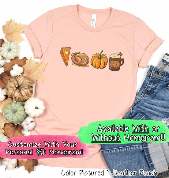 Monogram Pie Turkey Pumpkin Latte Thanksgiving Fall Tee