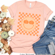 Retro Smile Pumpkin Checkerboard Fall Tee