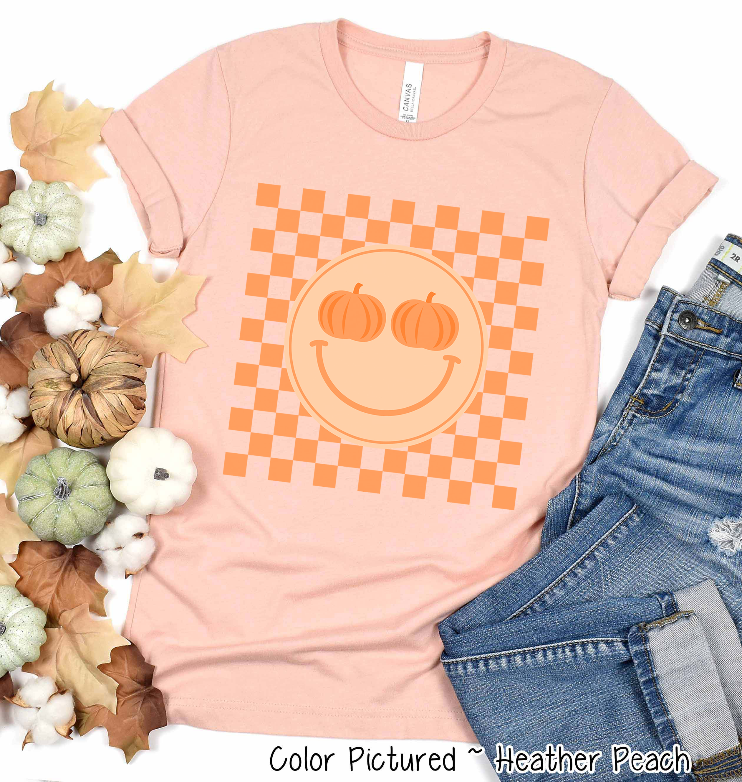 Retro Smile Pumpkin Checkerboard Fall Tee