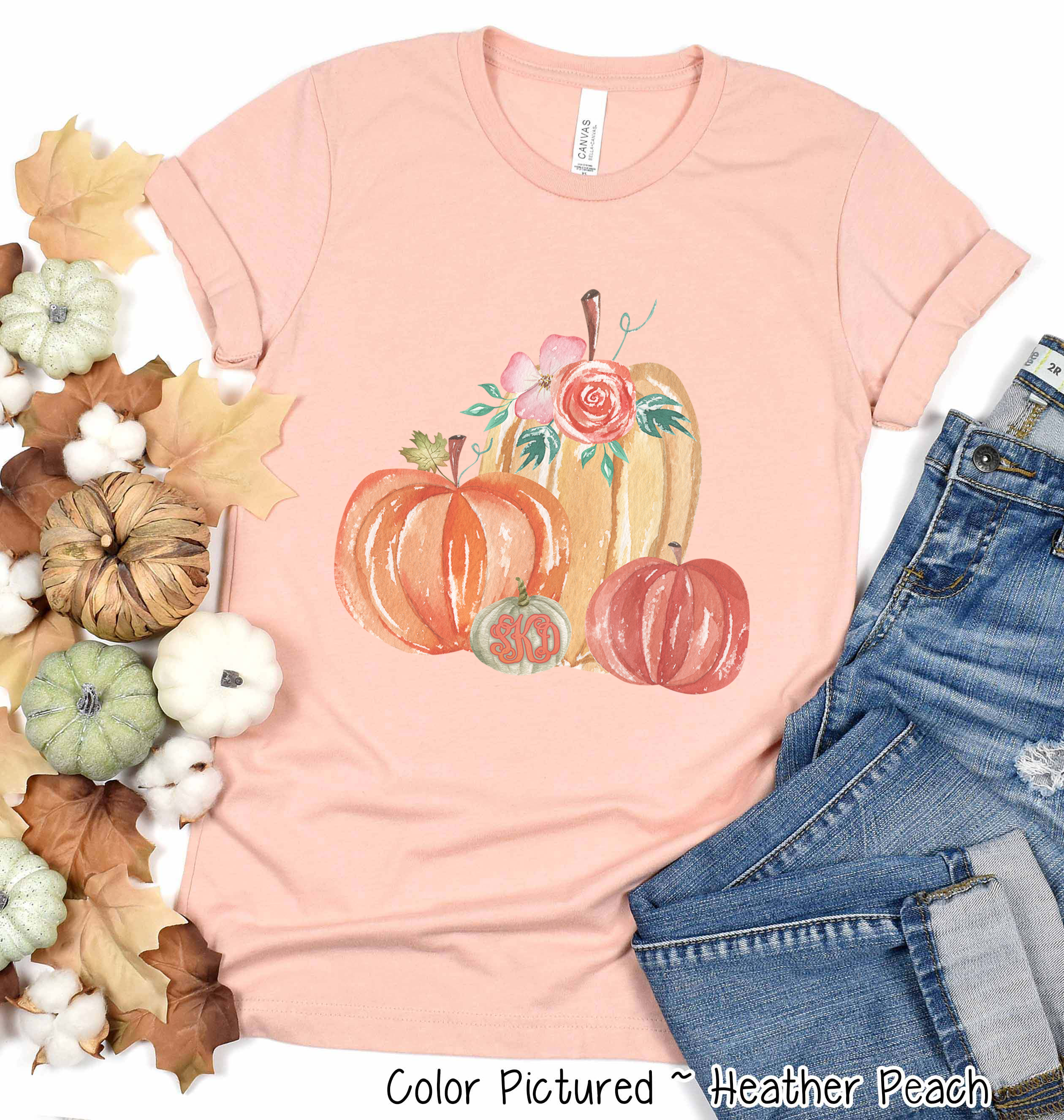 Monogram Watercolor Pumpkin Fall Tee