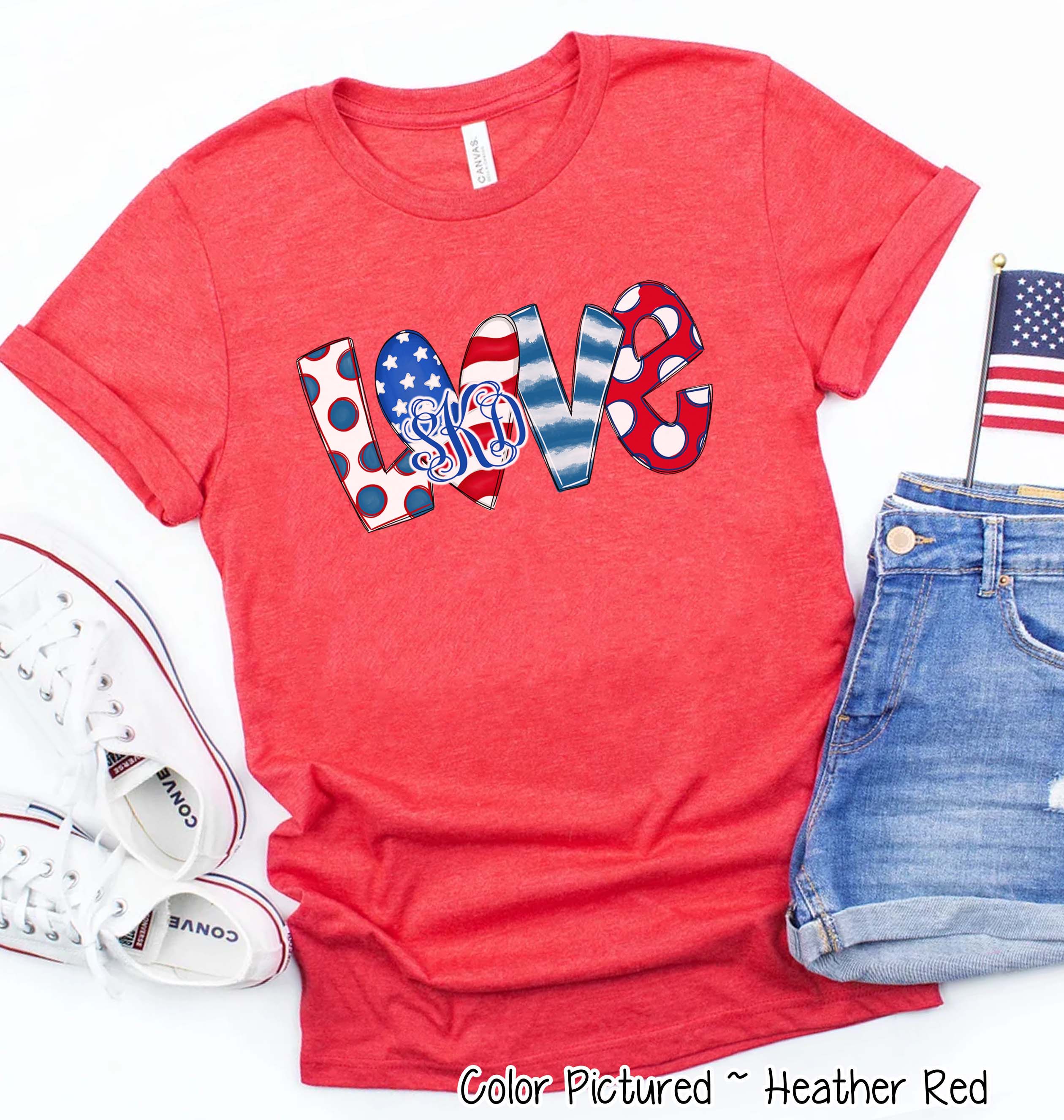 Patriotic LOVE with Flag Heart Monogram Tee