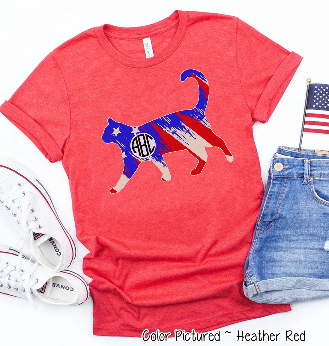 Patrotic Cat Outline Monogram Tee